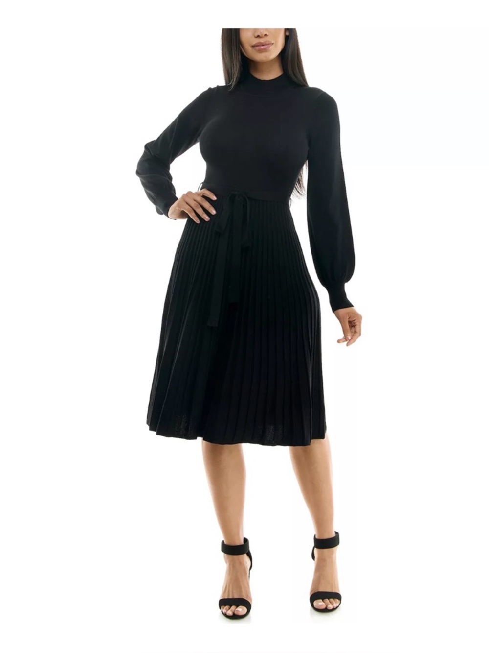 Nina Leonard | Black Pleated Long-Sleeve Sweater Dress